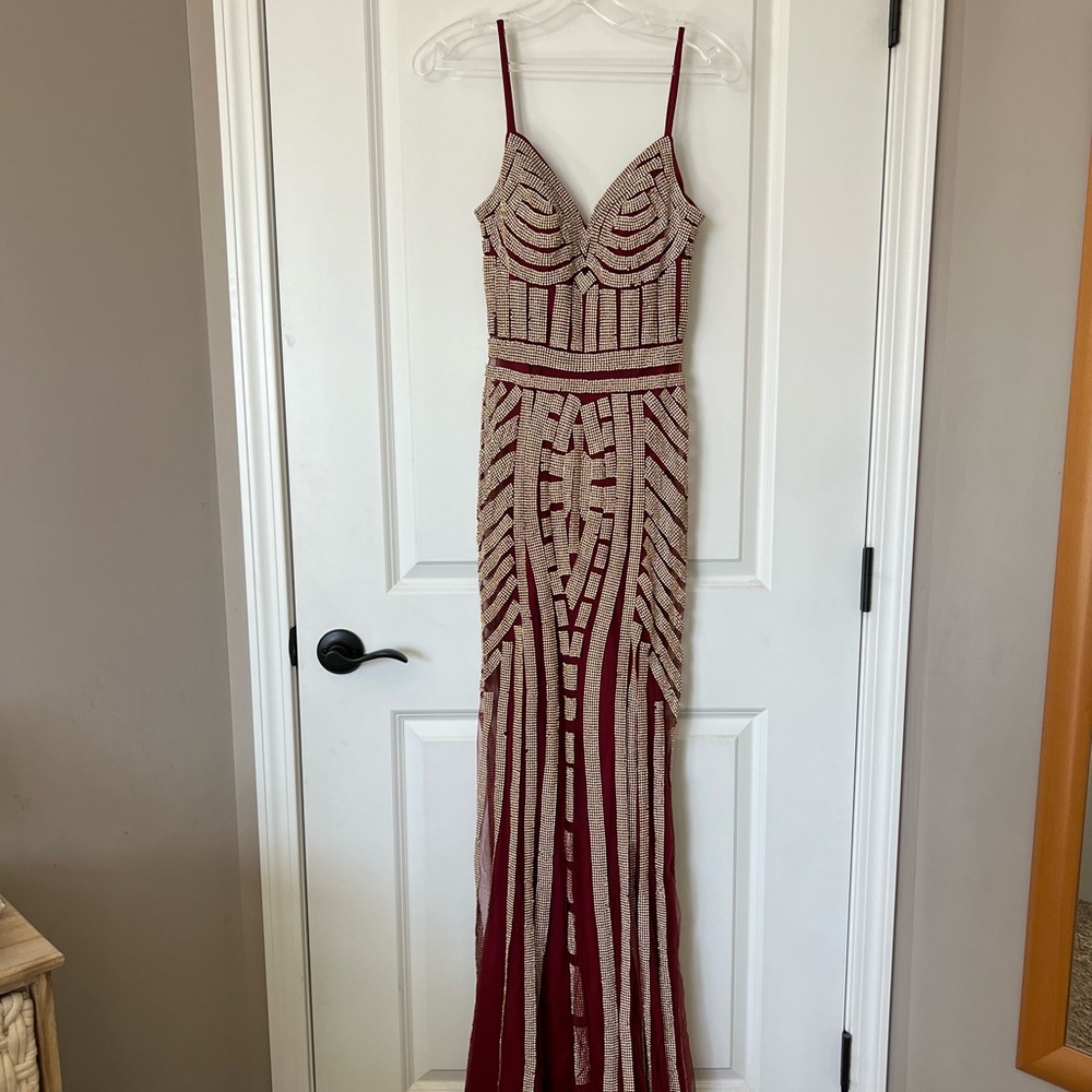 Elegant Burgundy and Gold Evening Gown